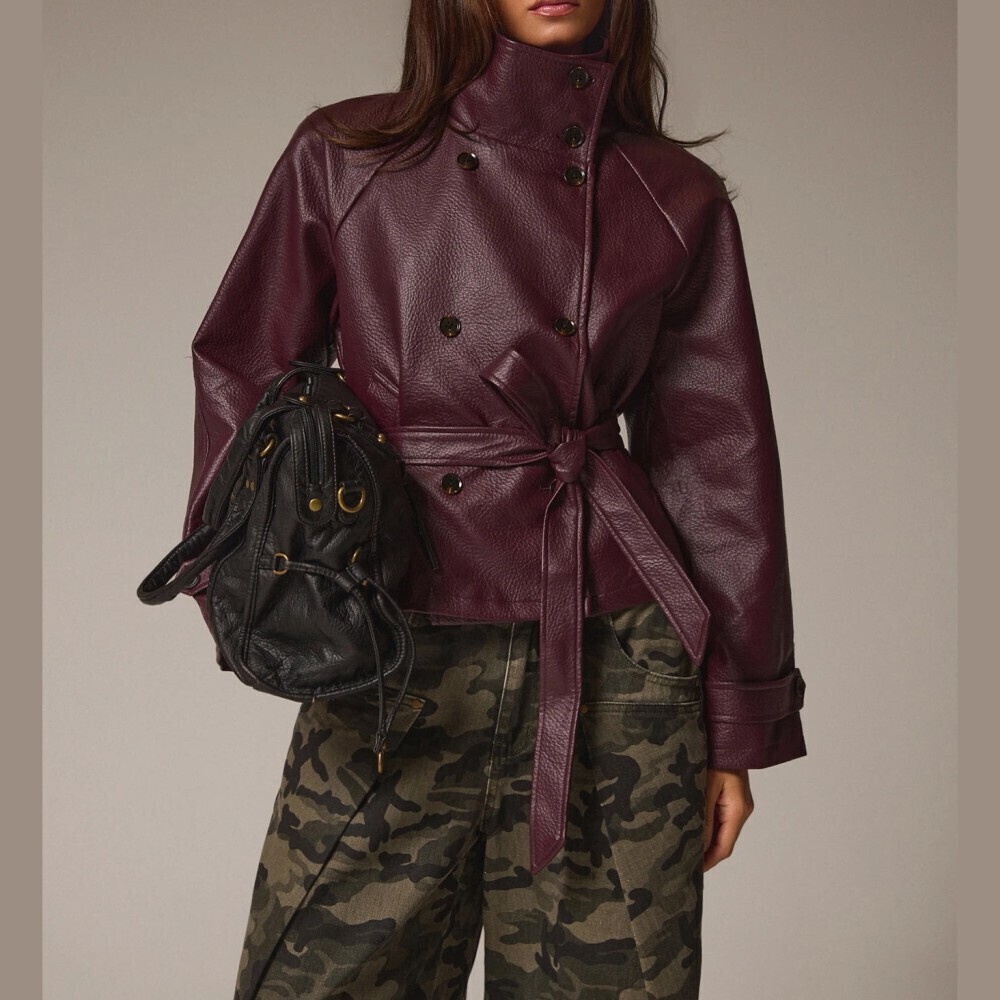 Burgundy Faux Leather Belted Double Breasted Short Jacket